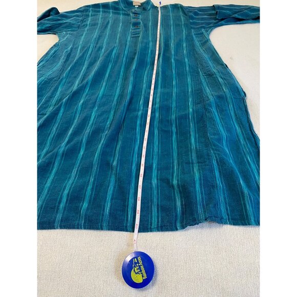 Prabartana Men's Punjabi Kurta 100% Cotton Hand Loomed Blue Teal Striped Tunic - Picture 9 of 12